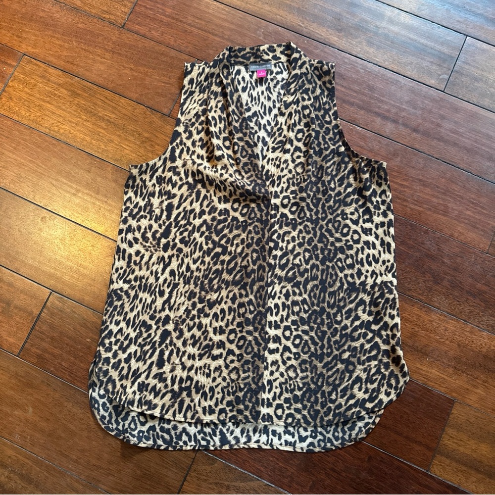 Vince Camuto Womens Sleeveless Top Shirt Small Black Brown Animal Print